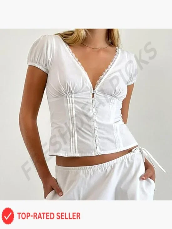 Y2K Preppy Button Down Shirt Vintage Coquette Crop Top V Neck Blouse - Picture 2 of 5